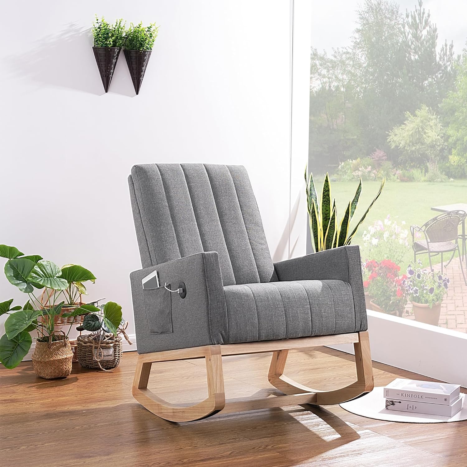 VECELO Rocking Chair Upholstered Nursery Glider Rocker High Backrest Comfy Armchair with Side Pocket and USB Port - VECELO