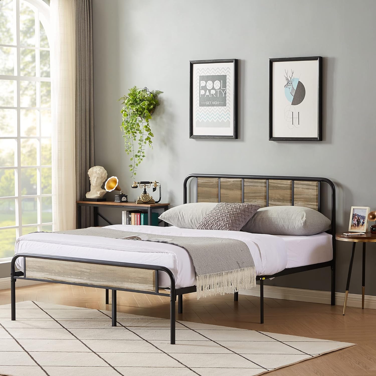 VECELO Bed Frame Metal Platform with Wooden Headboard Footboard Heavy Duty Mattress Foundation - VECELO