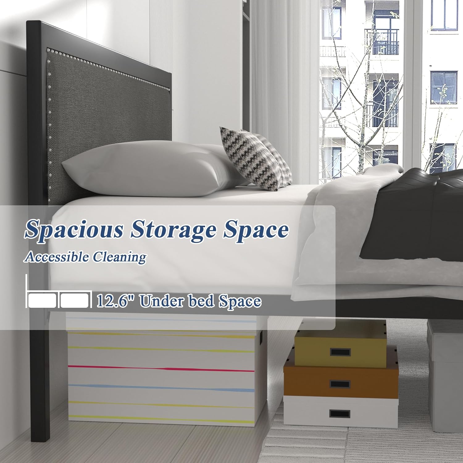 VECELO Bed Frame with Linen Fabric Headboard and Footboard No Box Spring Needed - VECELO