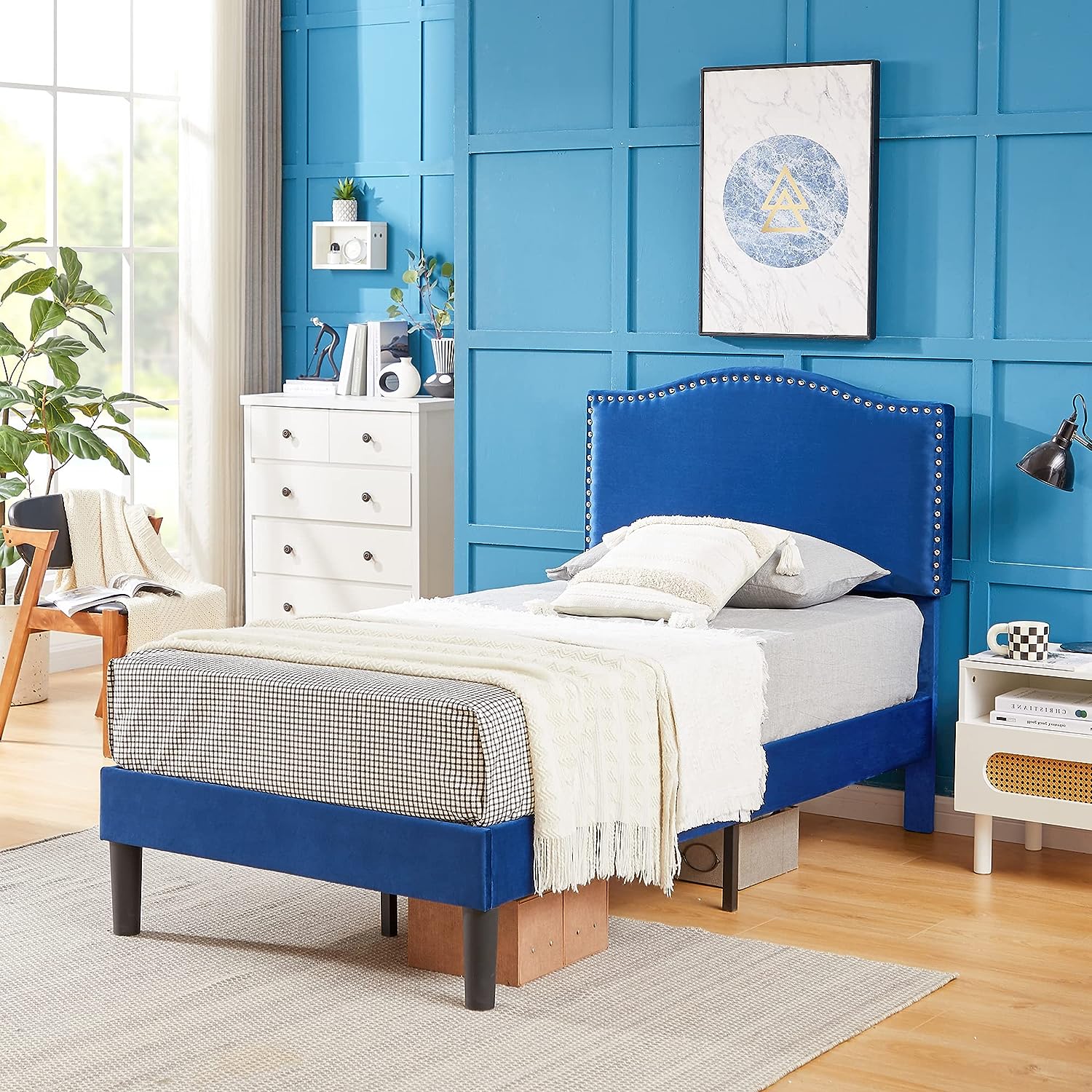 VECELO Bed Frame Platform with Upholstered Headboard & Wooden Slats Support - VECELO