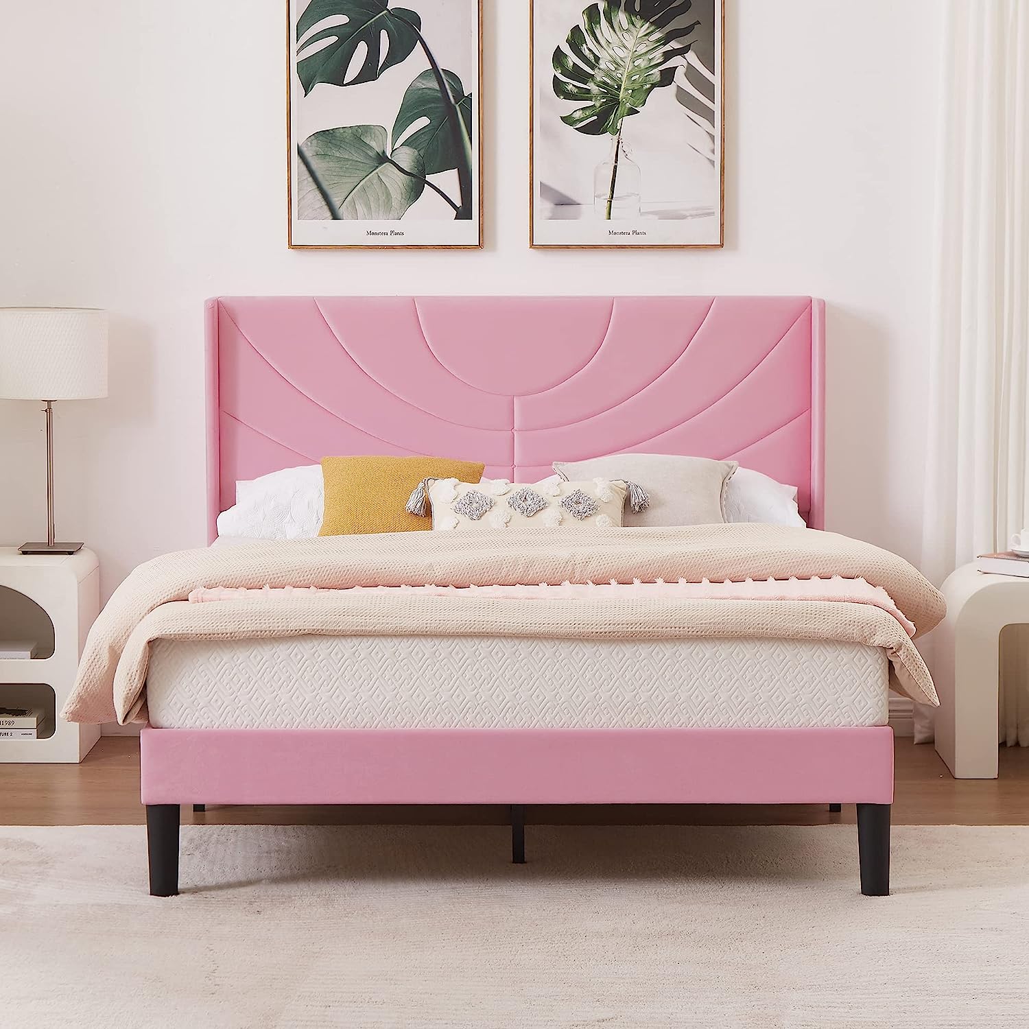 VECELO Upholstered Platform Bed Frame with Adjustable Fabric Headboard