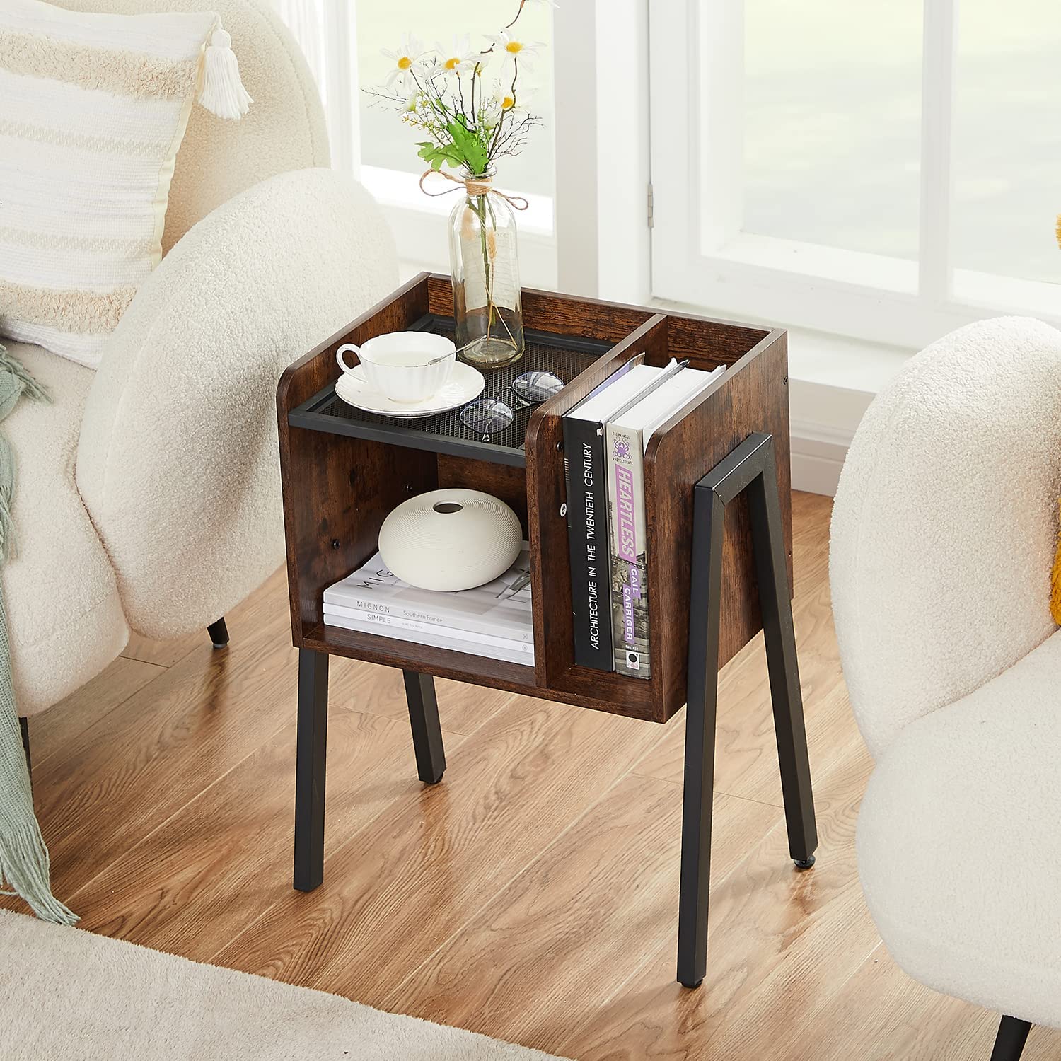 VECELO Industrial Side End Table/Nightstand Stackable Accent Furniture with 2-Tier Open Storage Compartments - VECELO