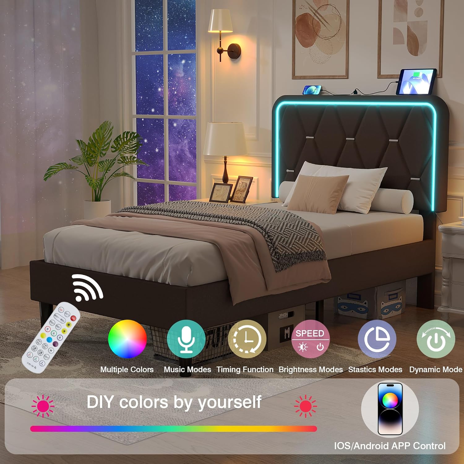 VECELO Upholstered Bed Frame with LED Lights, Charging Station, Velvet Platform Bed