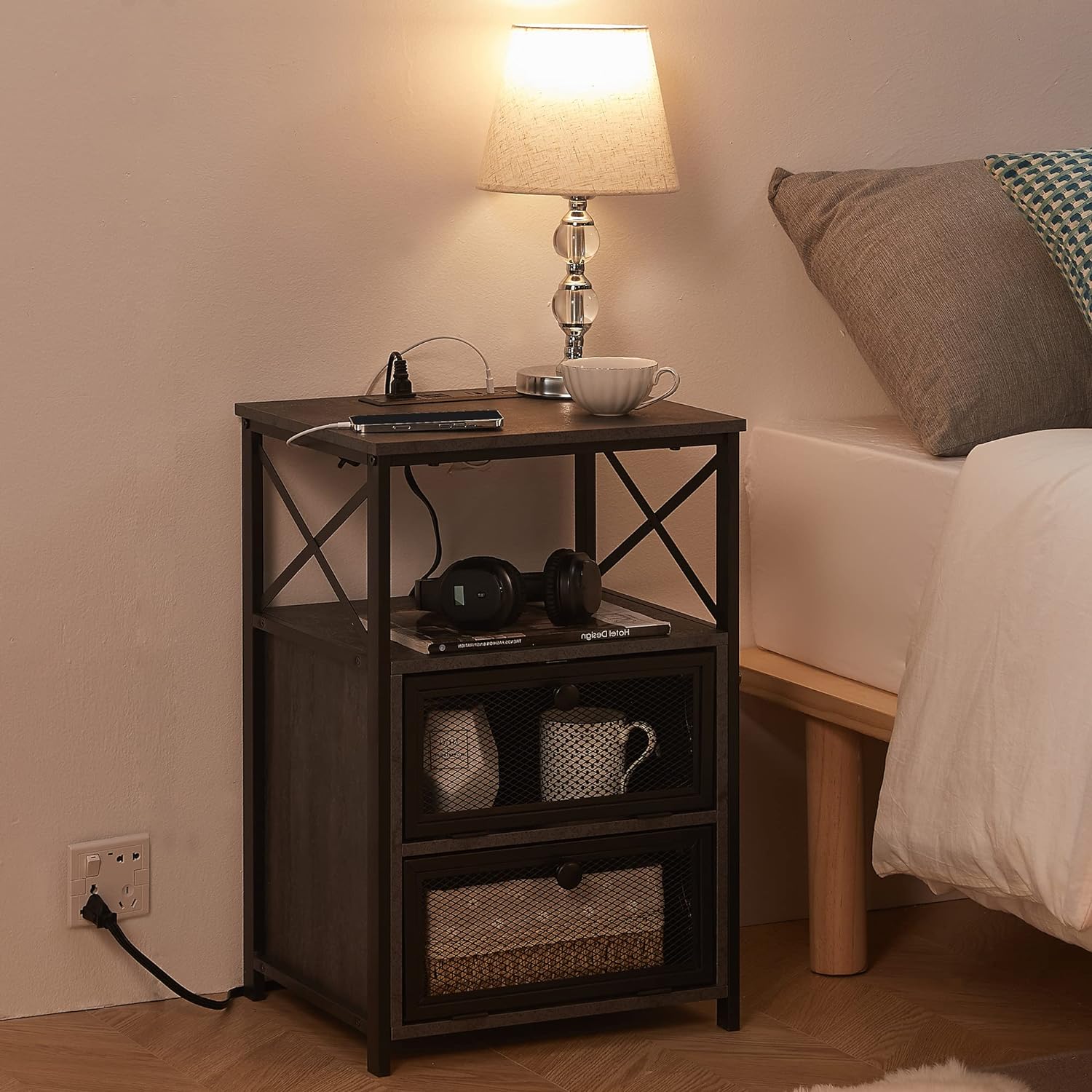 VECELO End Table with USB Ports and Outlets,1 Pack/2 Packs - VECELO