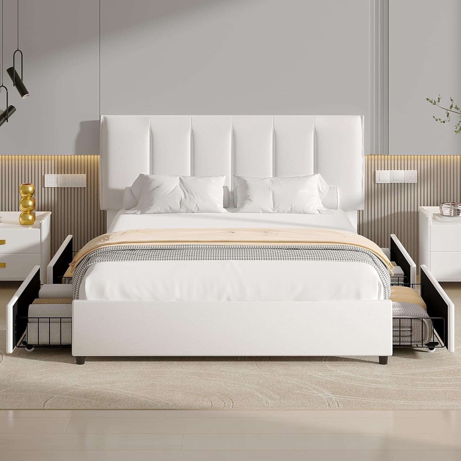 VECELO Upholstered Bed Frame with 4 Storage Drawers and Adjustable Velvet Headboard