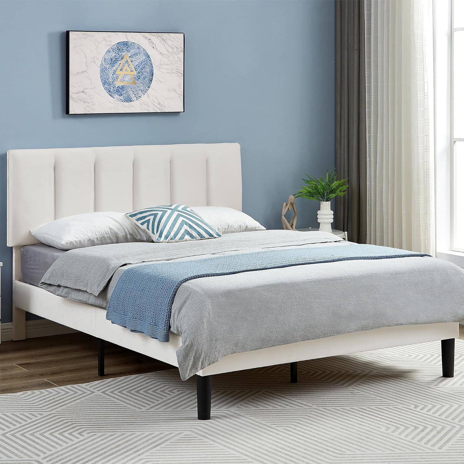 VECELO Modern Upholstered Platform Bedframe, Adjustable Headboard - VECELO
