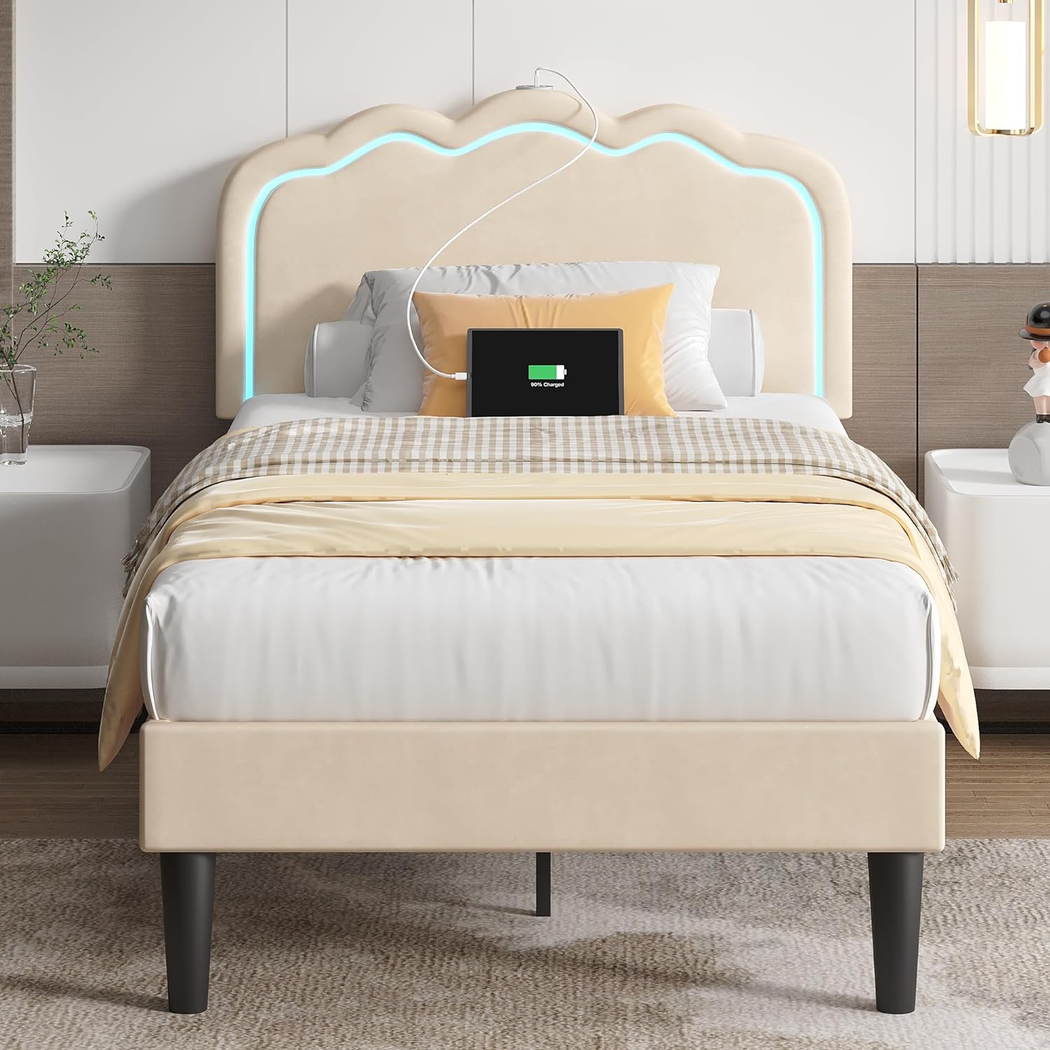 VECELO Upholstered Velvet Platform Bed Frame with Headboard Adjustable, LED Lights, USB-A & Type-C