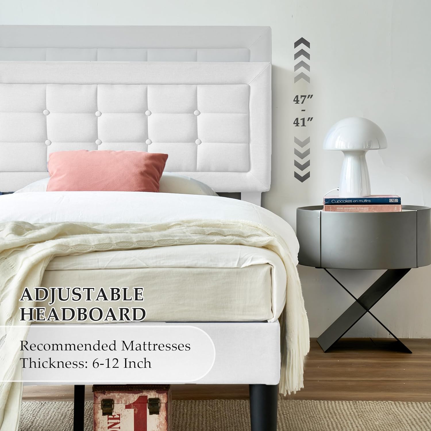 VECELO Upholstered Platform Bed Frame with Height Adjustable Headboard - VECELO