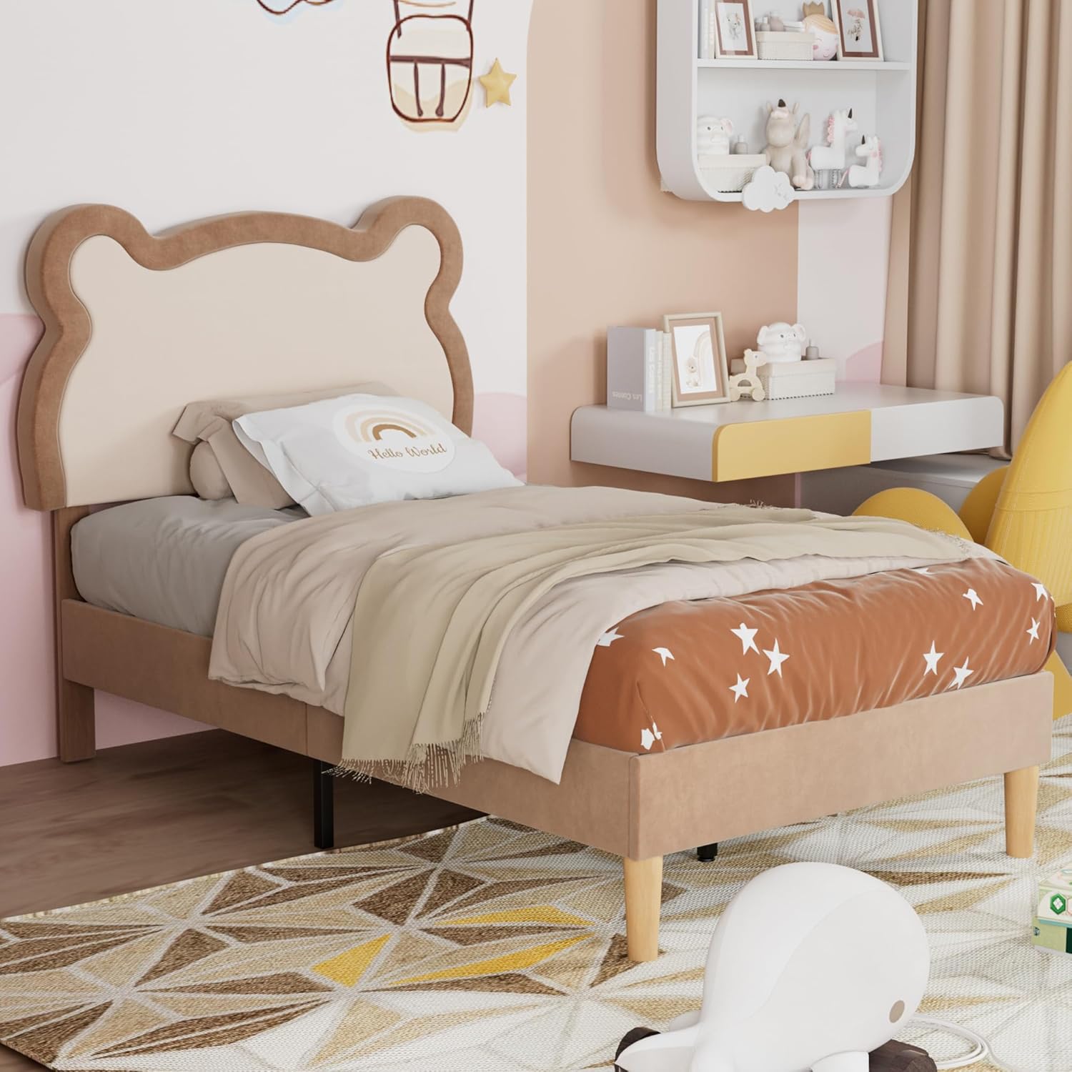 VECELO Twin Bed Frames for Kids, Upholstered Platform Bed with Adjustable Lovely Bear Headboard and 12 Solid Wooden Slats Support