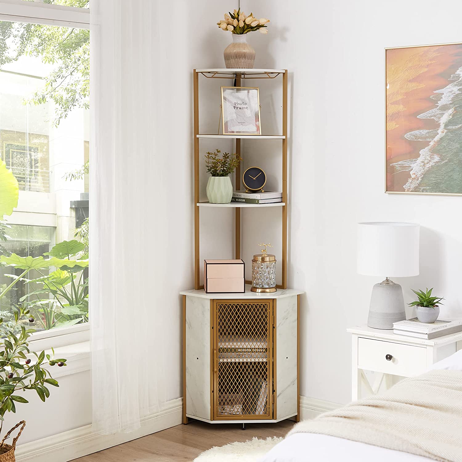 VECELO Corner Cabinet, Tall Storage Shelf Bookshelf Display Shelves Rack - VECELO