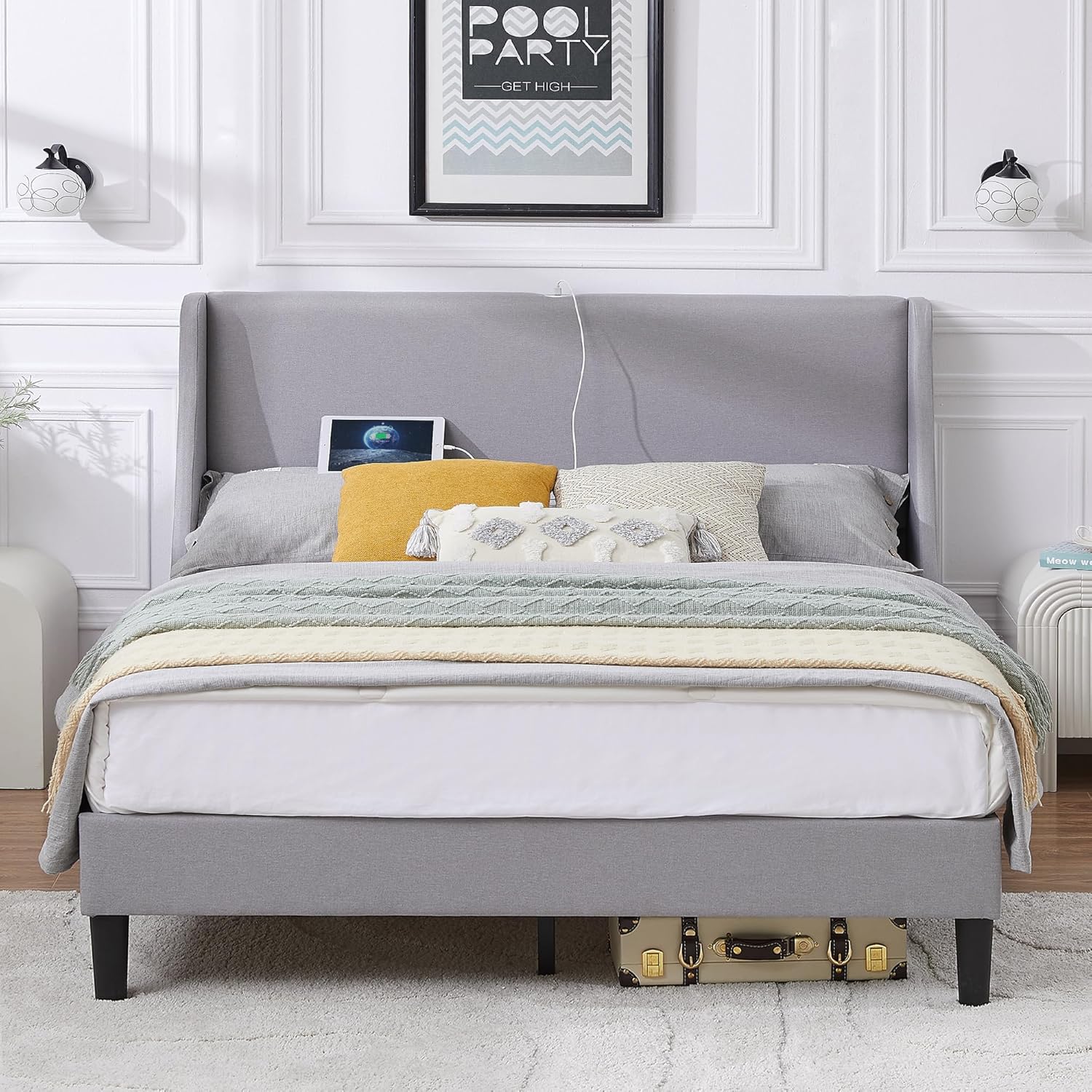 VECELO Bed Frame with Upholstered Wingback Headboard