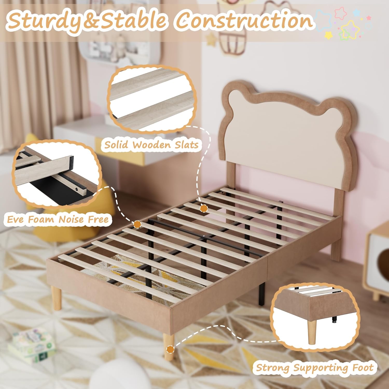 VECELO Twin Bed Frames for Kids, Upholstered Platform Bed with Adjustable Lovely Bear Headboard and 12 Solid Wooden Slats Support