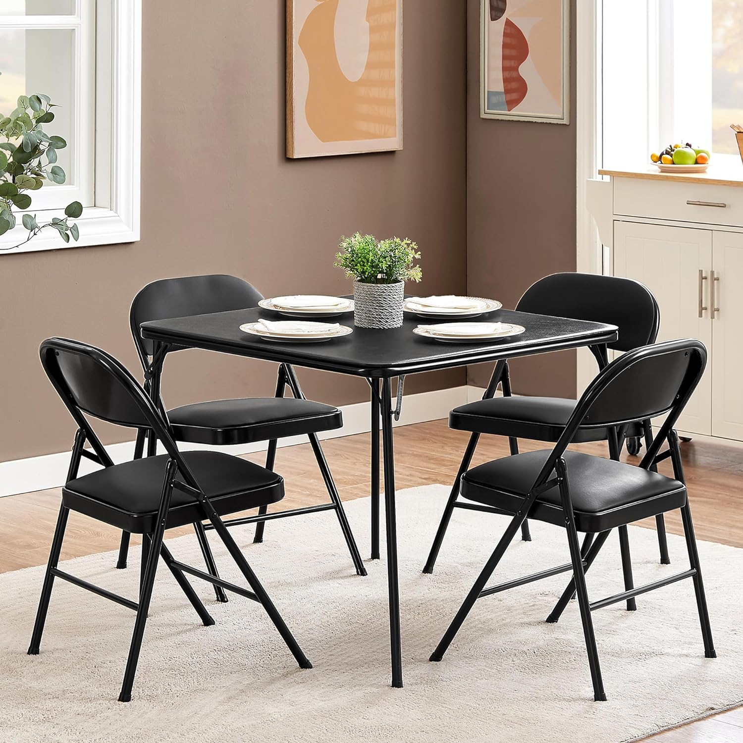 VECELO Portable Folding Card Table Square and Chair Sets with Collapsible Legs & Vinyl Upholstery (5 PCS) - VECELO