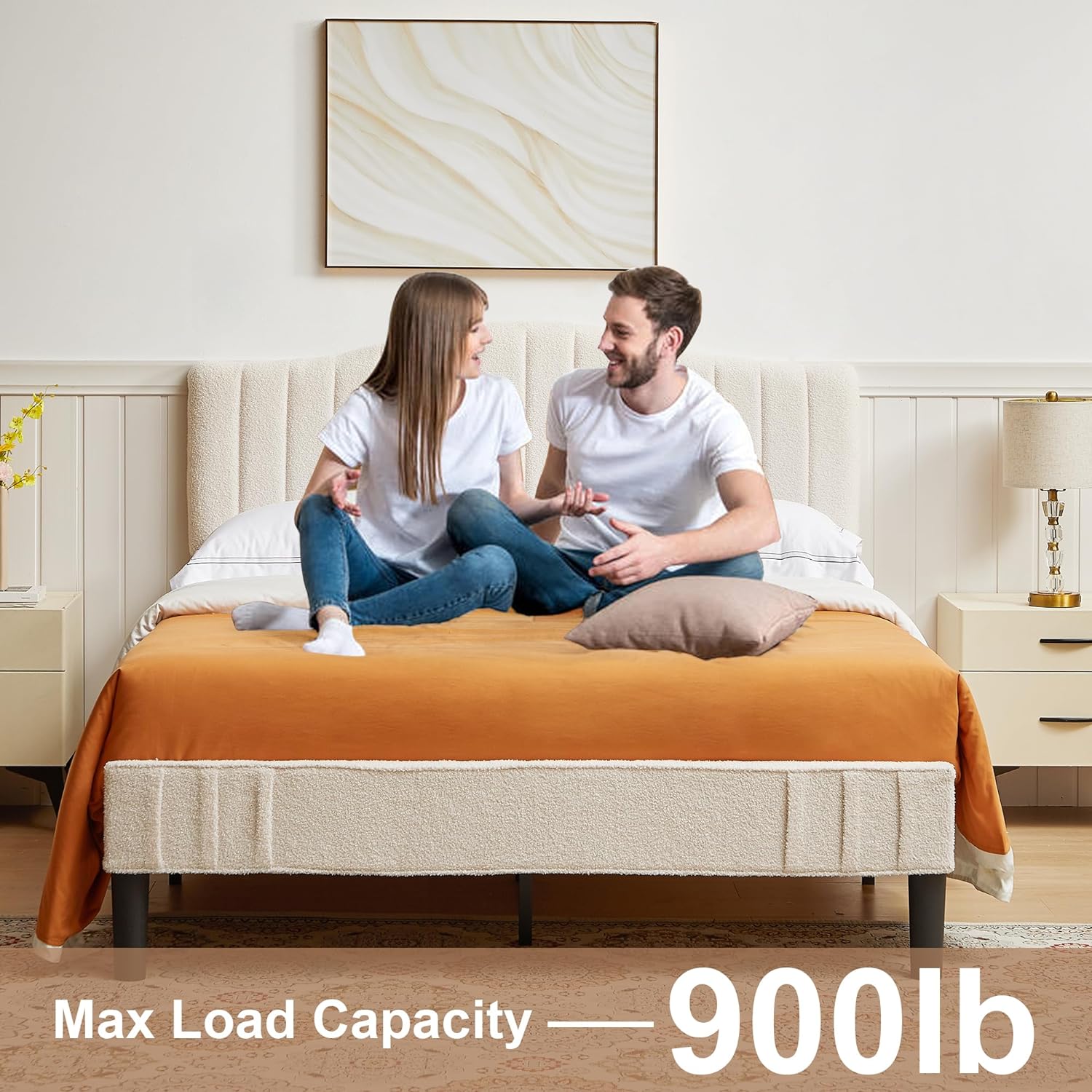 VECELO Upholstered Platform Bed Frame with Sheepskin Fabric Adjustable Headboard/Strong Wood Slats Supports