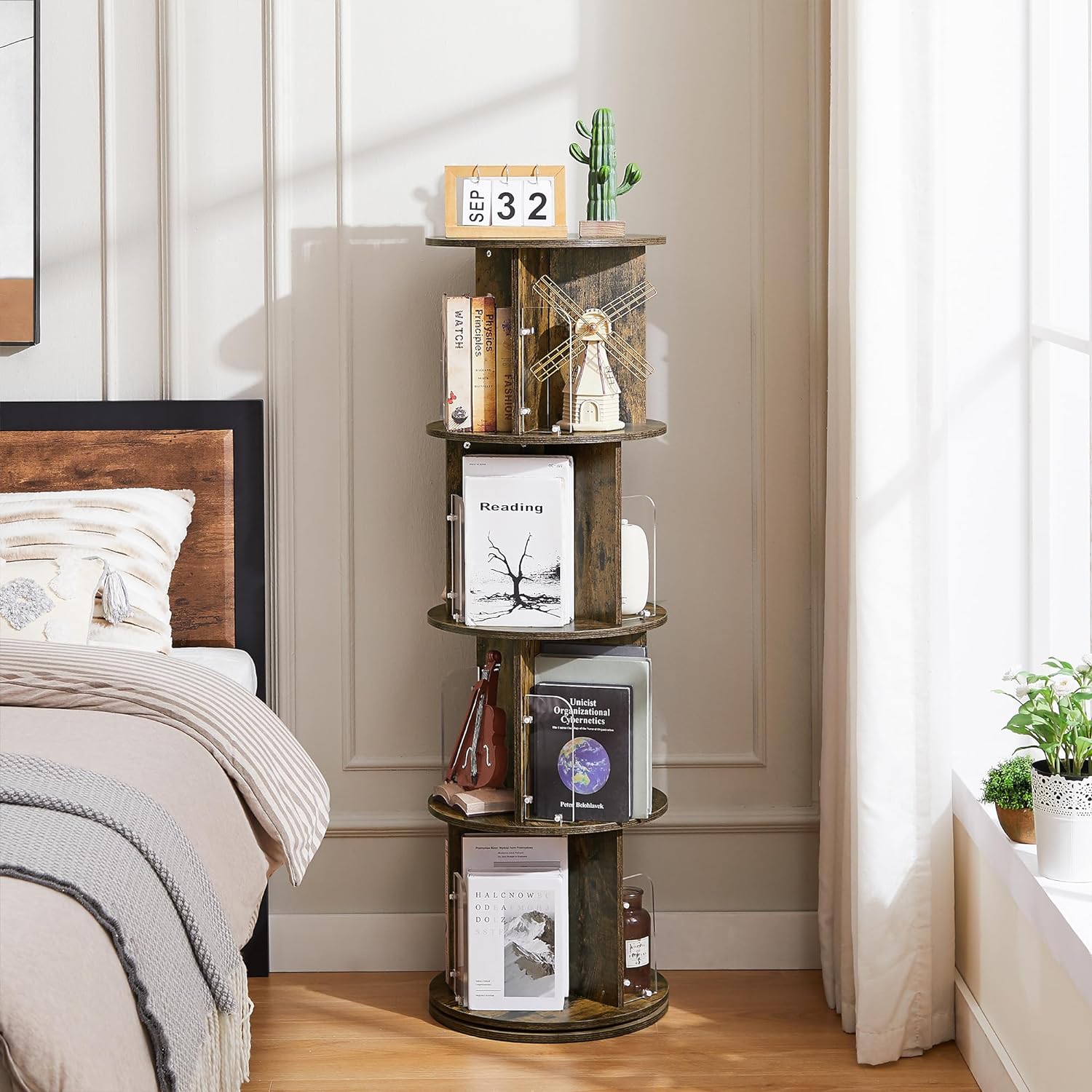 VECELO Rotating Bookshelf with Acrylic Display Window Partition