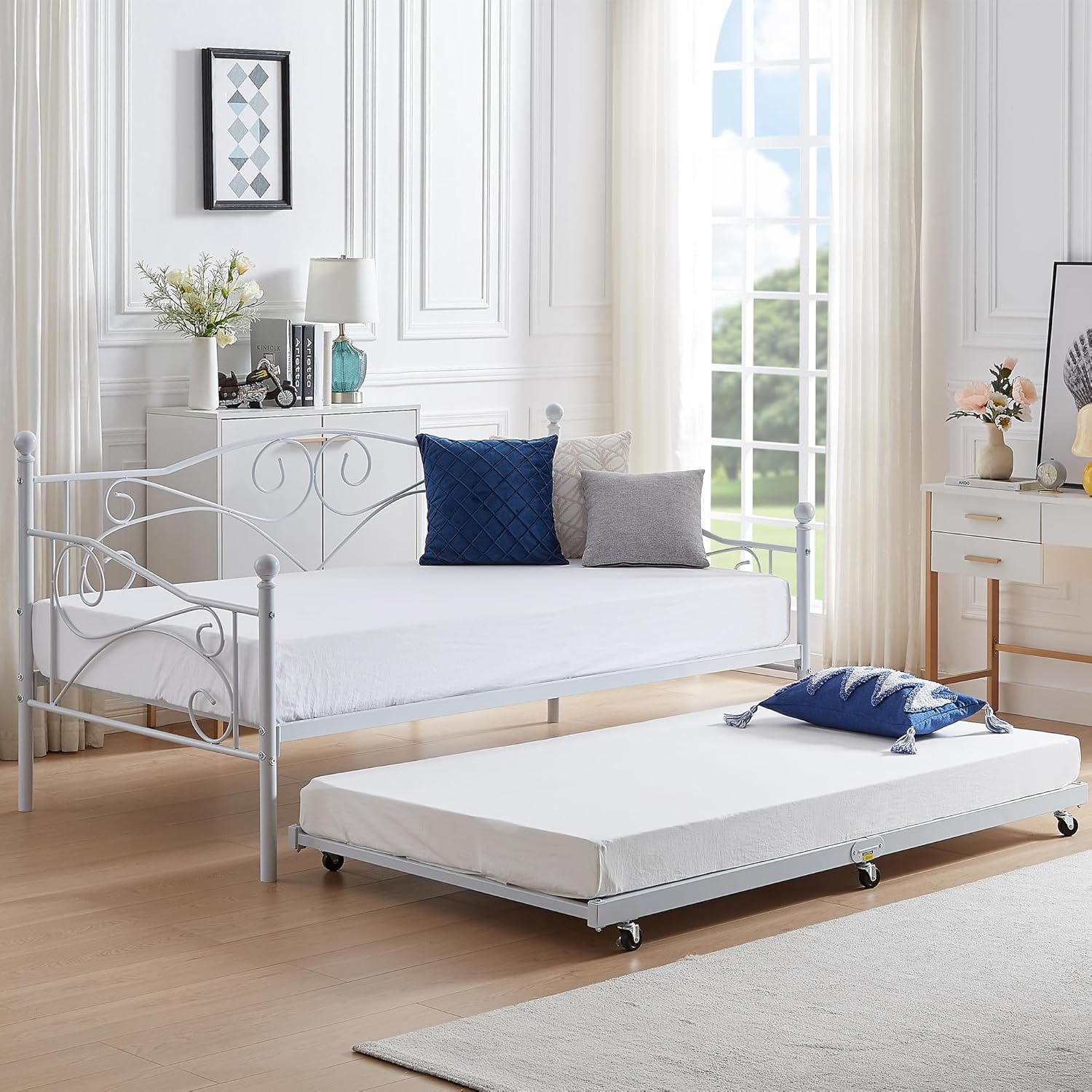 VECELO Twin Trundle Bed Frame Only/Roll Out/Enhanced & Up-Graded Metal Slats Support, White