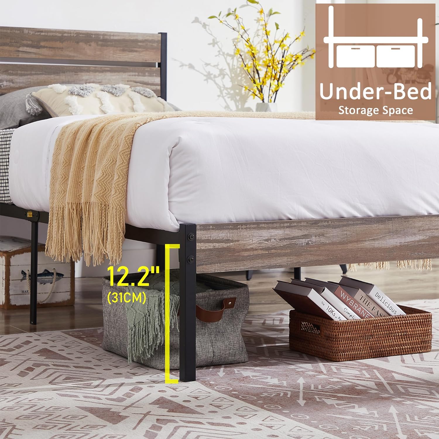 VECELO Platform Bed Frame with Rustic Vintage Wood Headboard/Strong Metal Slats Support
