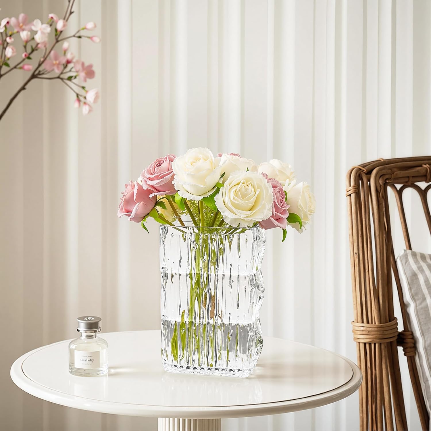 VECELO Crystal Glass Vase - Textured Clear Flower Vase