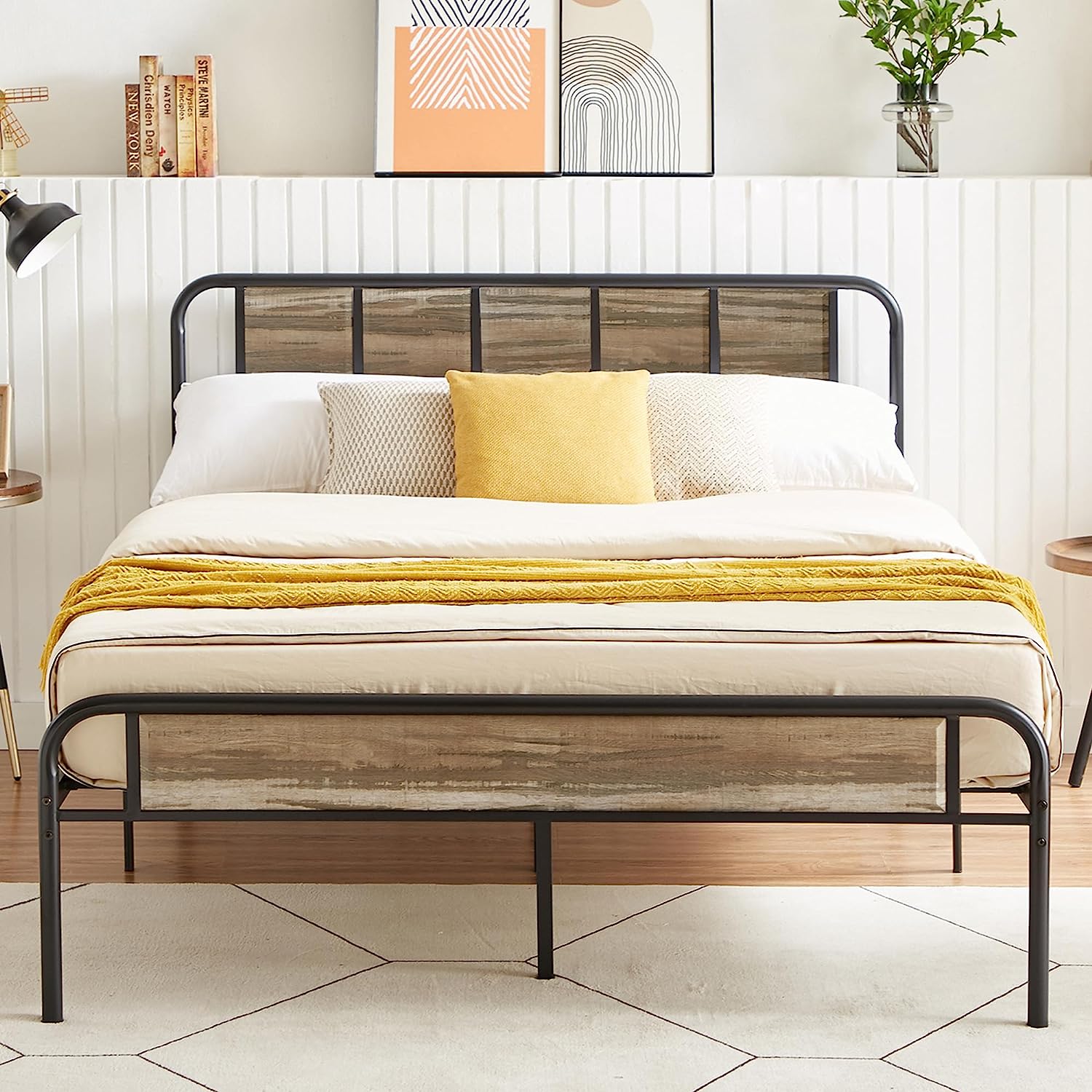 VECELO Bed Frame Metal Platform with Wooden Headboard Footboard Heavy Duty Mattress Foundation - VECELO