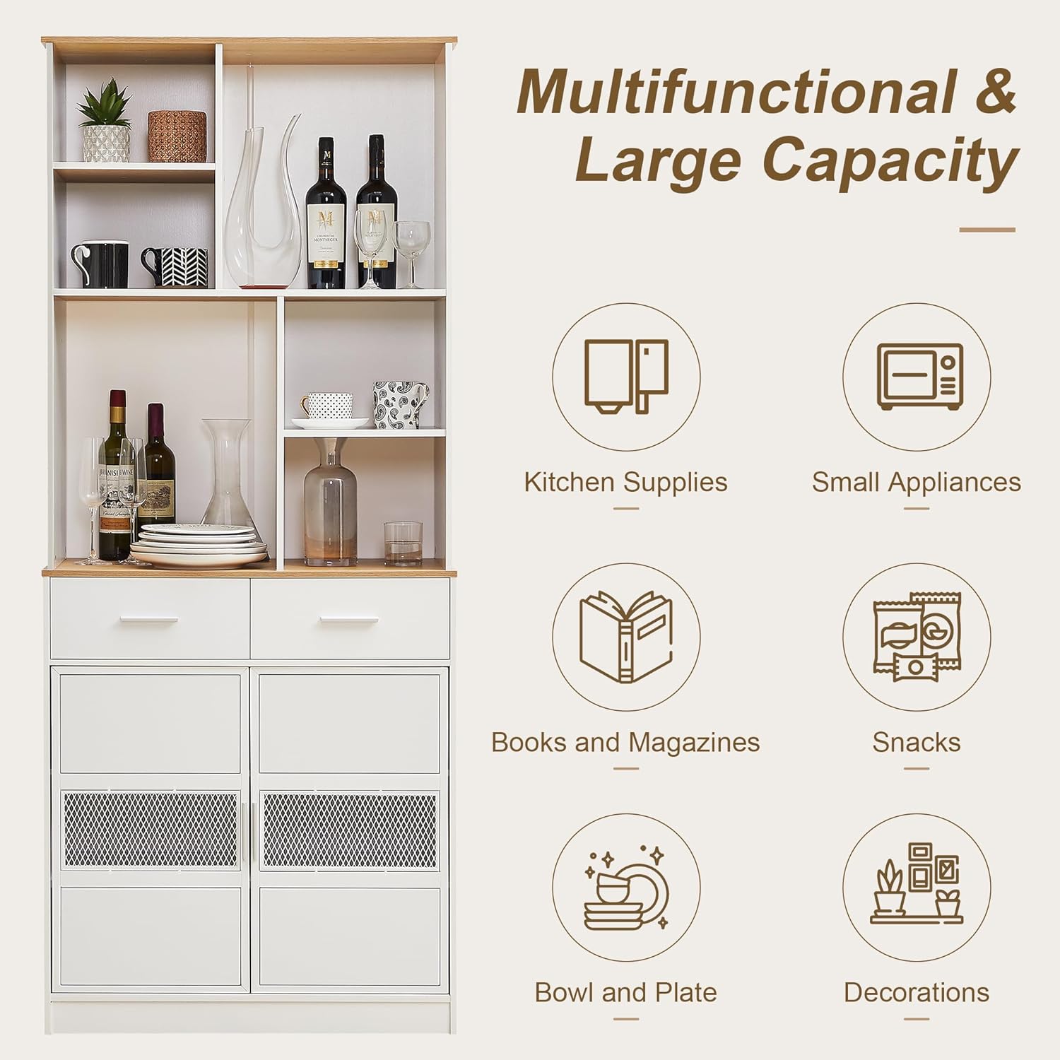 VECELO Floor Storage Cabinet 72" Free Standing Kitchen Pantry Buffet Cupboard with Multi Open Shelves and 2 Drawers - VECELO