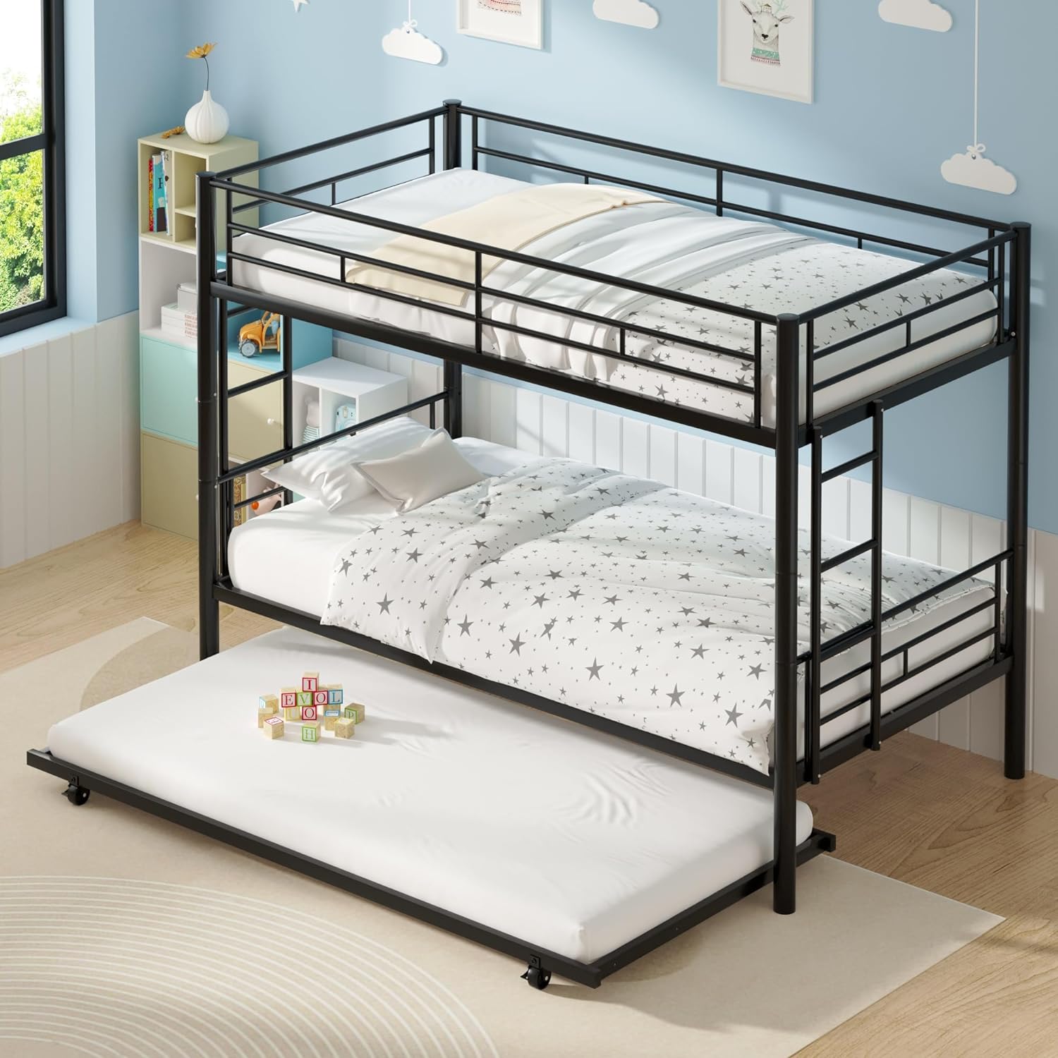 VECELO Bunk Bed Twin Over Twin with Trundle, Metal Bunkbeds with Ladder and Full-Length Guardrail - VECELO