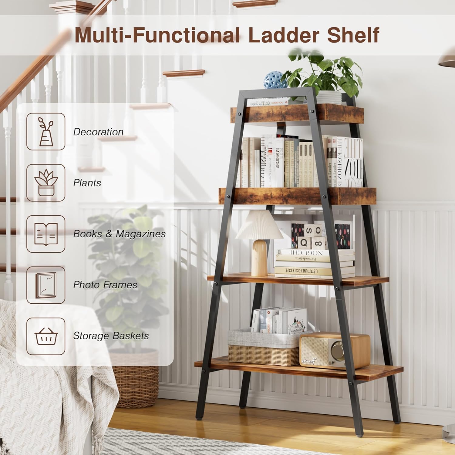 VECELO Ladder Shelf/Display Shelf 4 Tier Storage Bookcase Rack Wood & Steel - VECELO