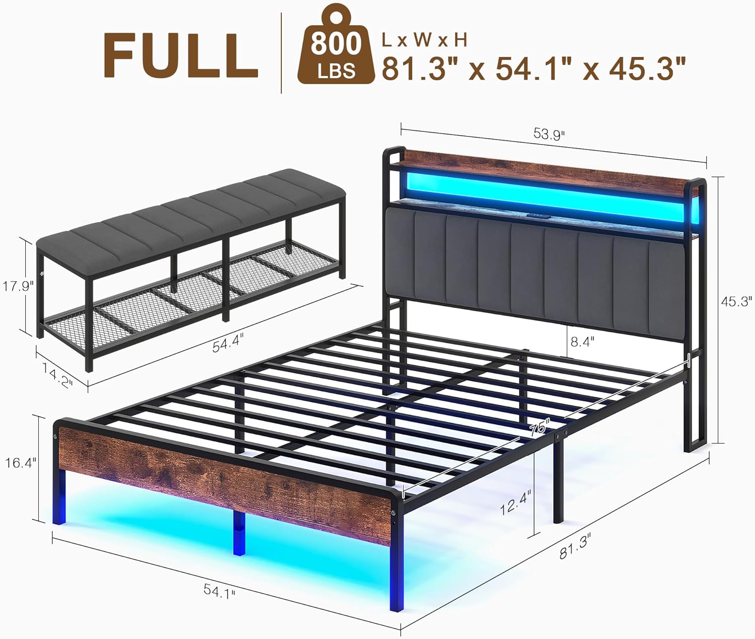 VECELO Bed Frame with LED Lights and Bench