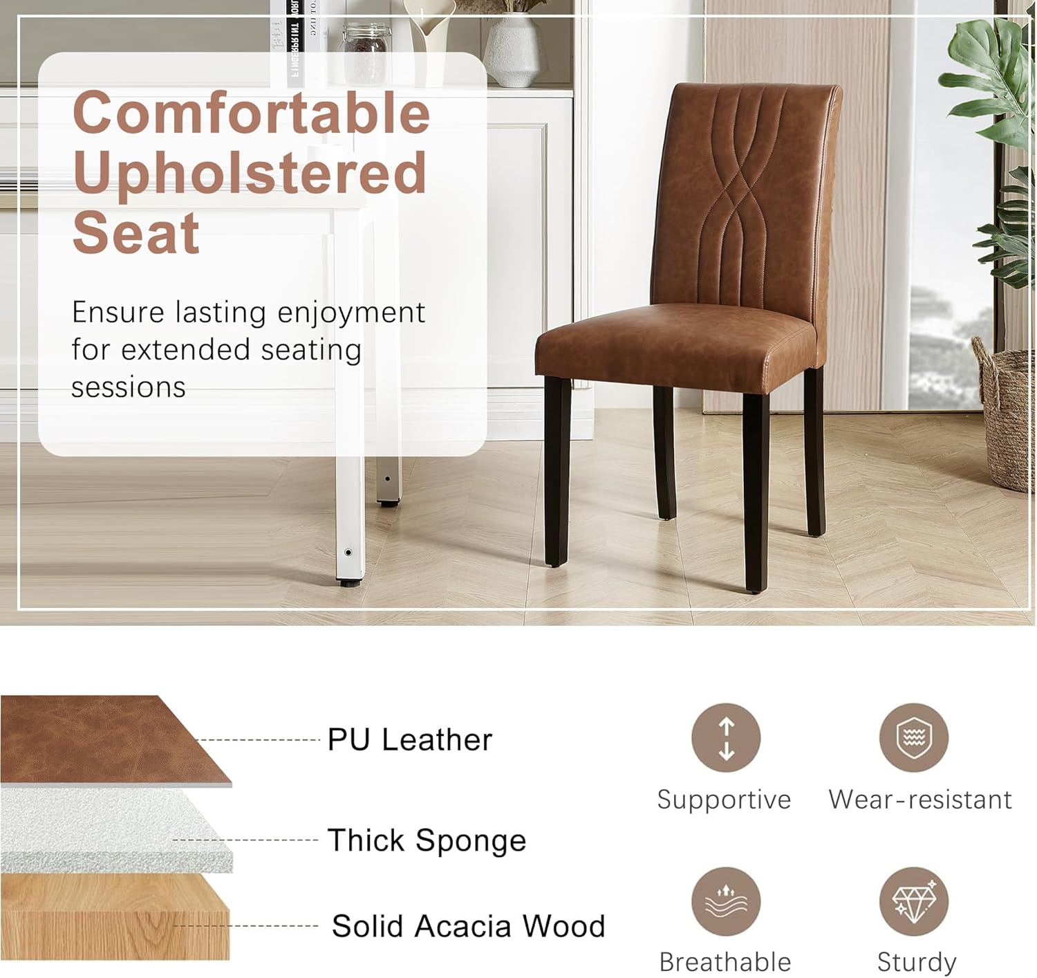 VECELO Upholstered Dining Chairs Set of 2 Modern Fabric and Solid Wood Legs & High Back