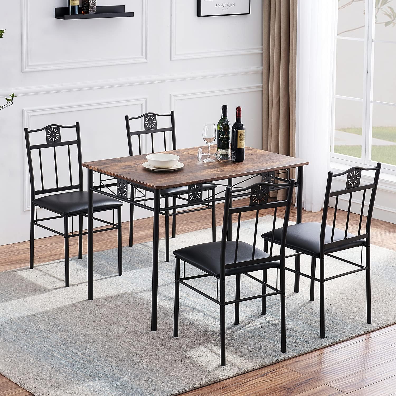 VECELO 5 Piece Dining Table Set with 4 Chairs Metal and Wood Rectangular Table
