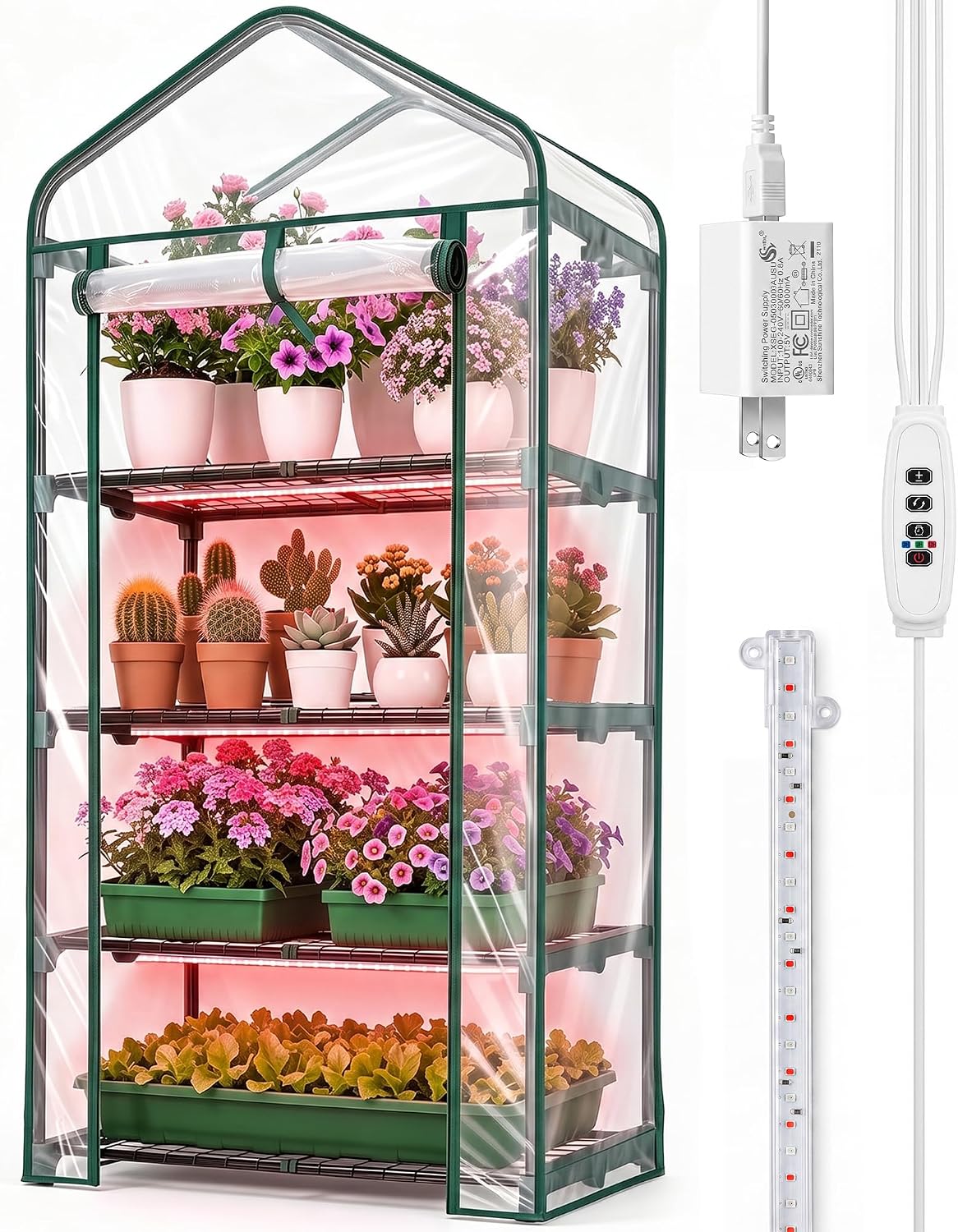 VECELO 4-Tier Greenhouse with LED Grow Light Portable Plant Green House