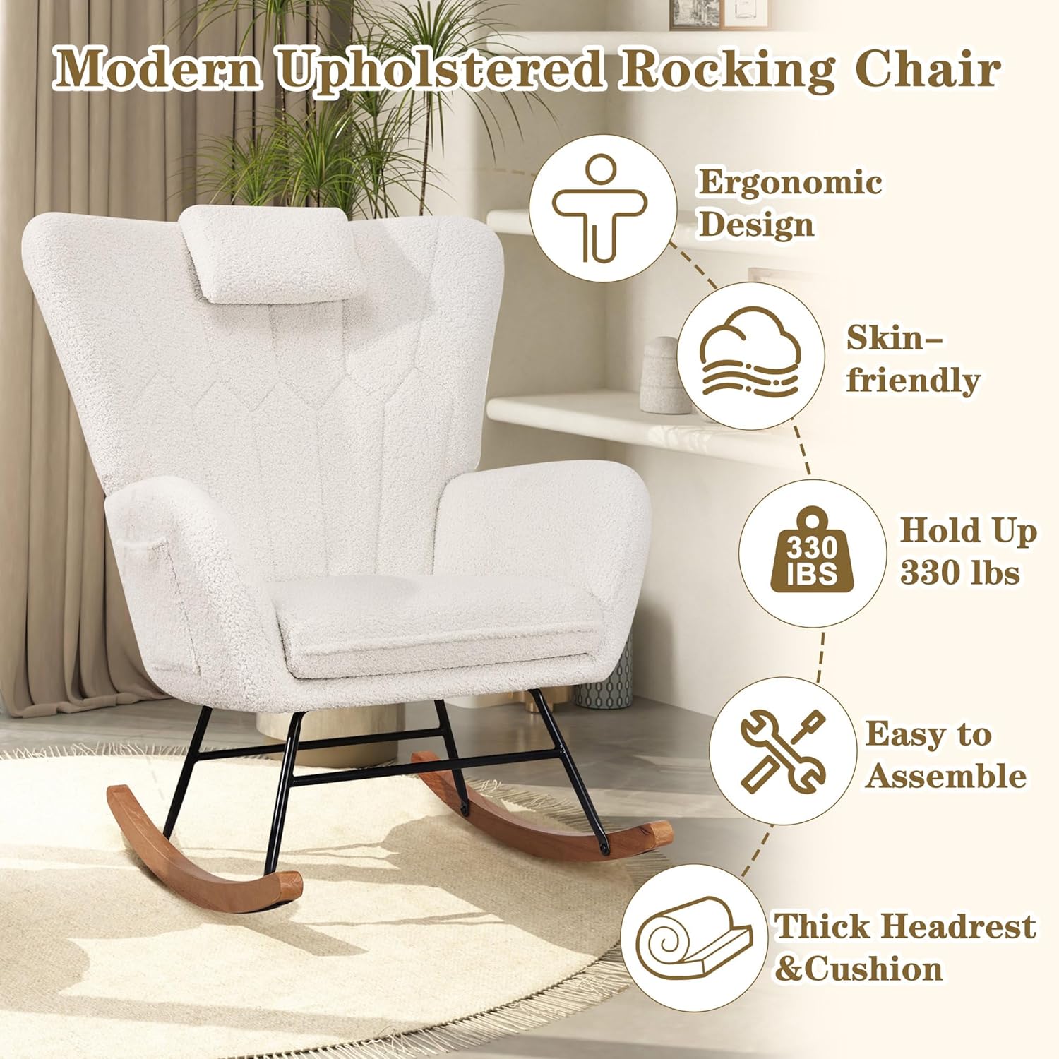 VECELO Rocking Chair Nursery with Thick Headrest, Modern Teddy Upholstered Reading Glider Rocker Accent Armchair with High Backrest