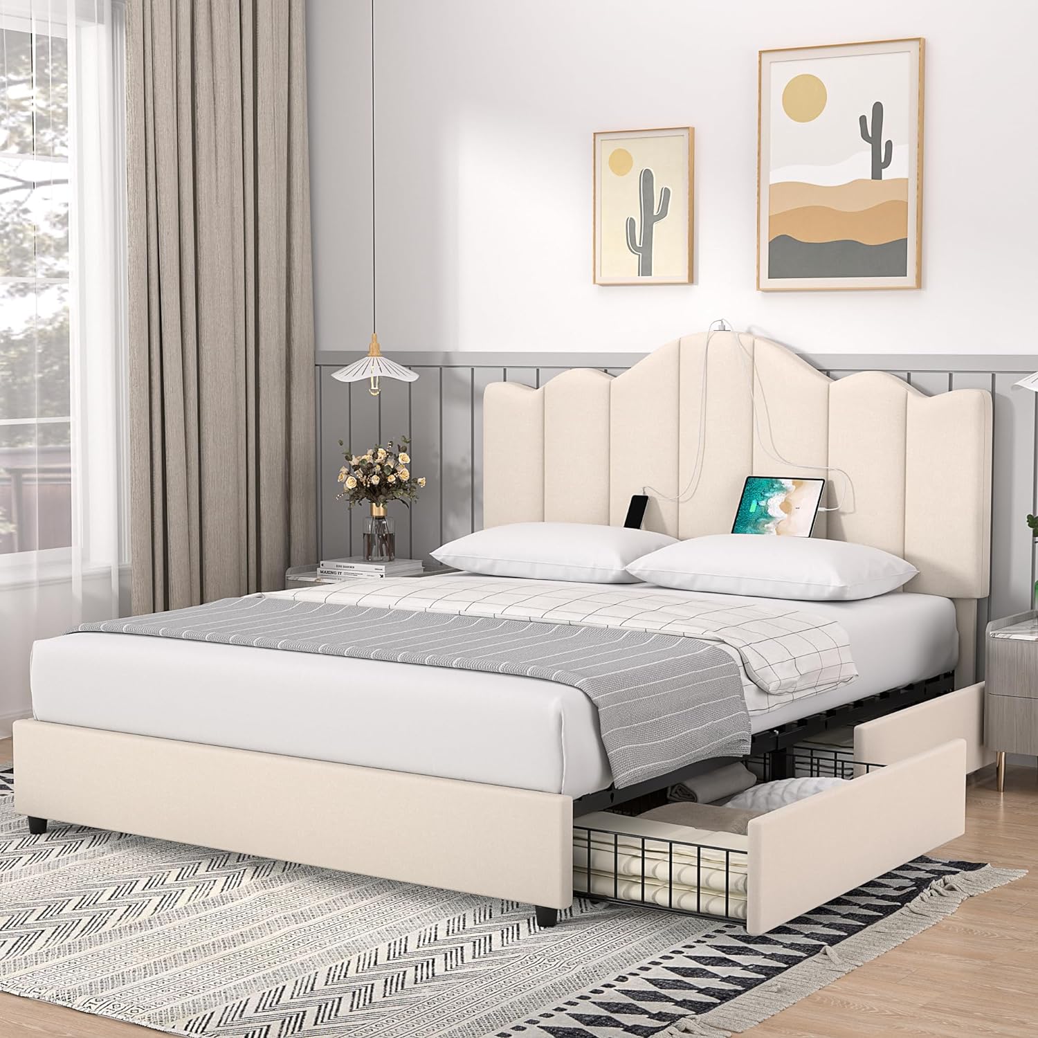 VECELO Upholstered Platform Bed Frame with Type-C & USB Charging Stations