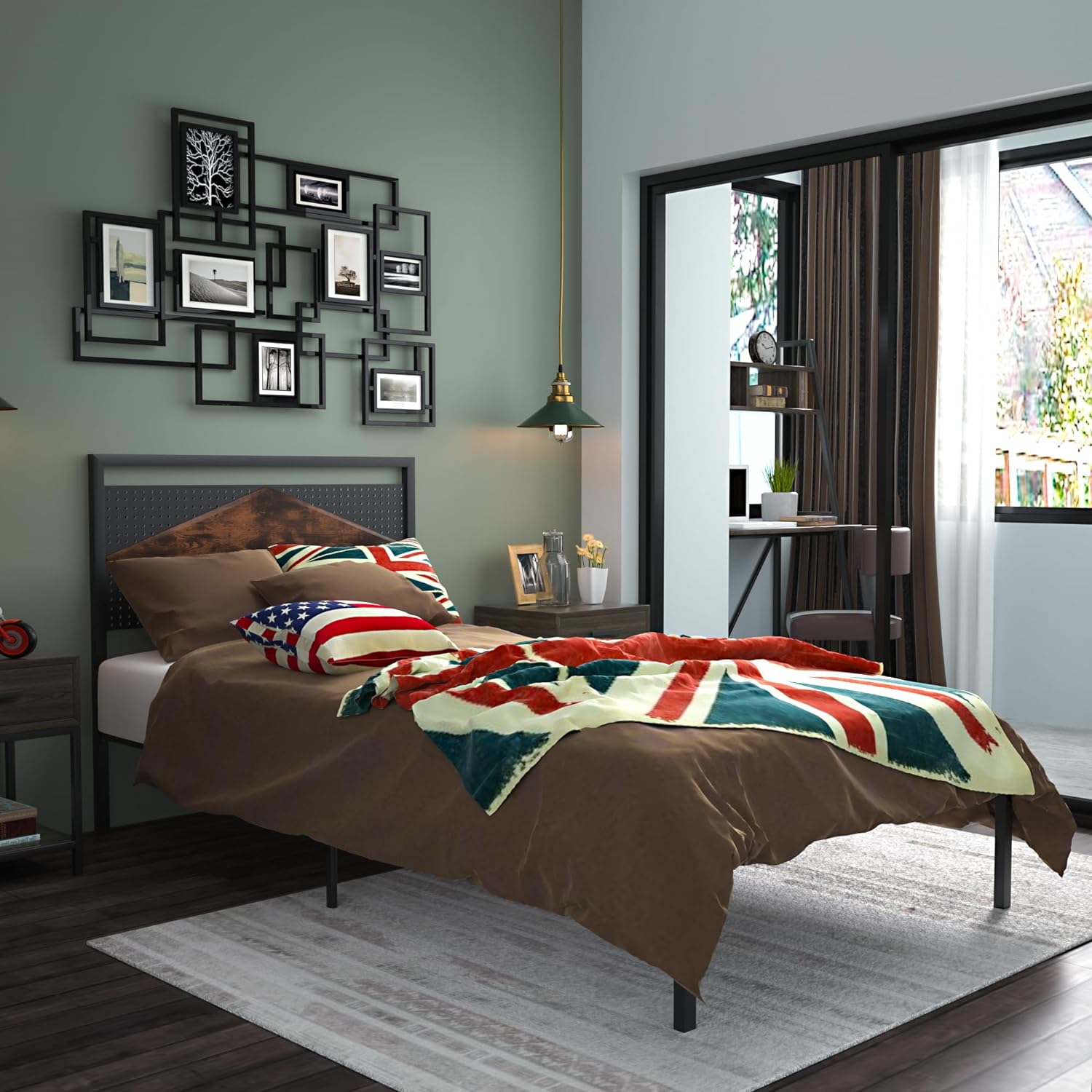 VECELO Metal Bed Frame Platform with Wood Grain Headboard&Footboard