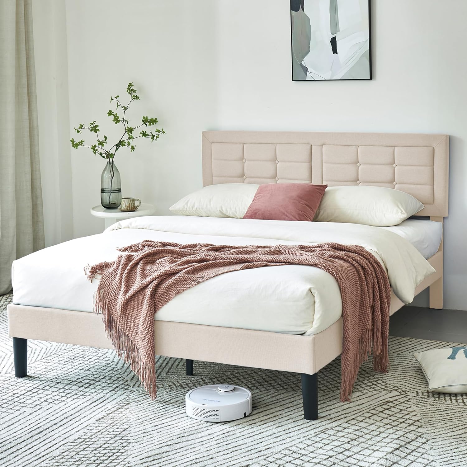 VECELO Upholstered Platform Bed Frame with Height Adjustable Headboard - VECELO