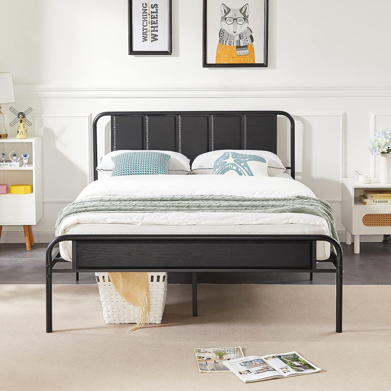 VECELO Bed Frame Metal Platform with Wooden Headboard Footboard Heavy Duty Mattress Foundation - VECELO