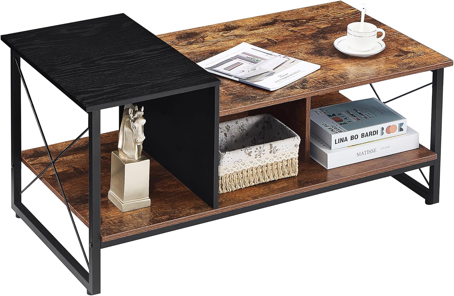 VECELO Wood 2-Tier Black Coffee Table with Storage Shelf
