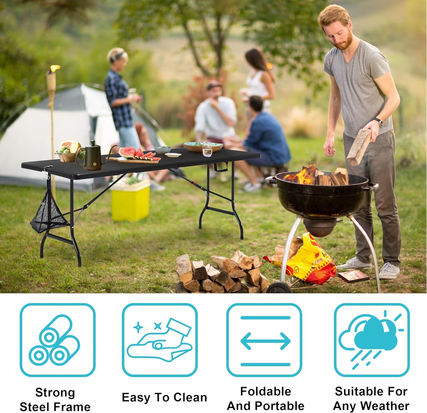 VECELO 6Ft Plastic Folding Table Heavy Duty Indoor Outdoor Portable Picnic Foldable Desk with Handle Mesh Trash Bag&Lock Legs - VECELO