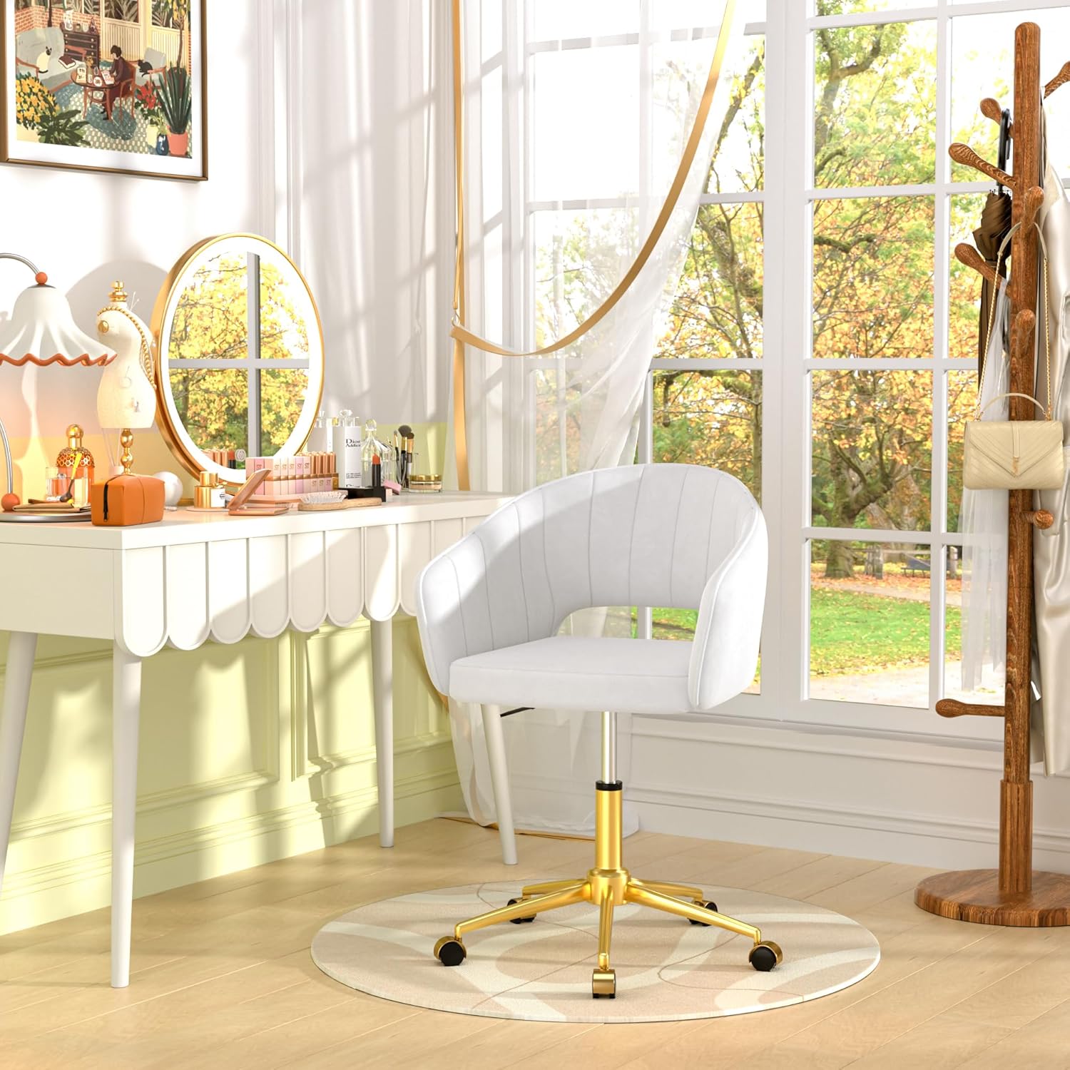 VECELO Velvet Accent Chair,Vanity Chair with Gold Base Embrased Backrest