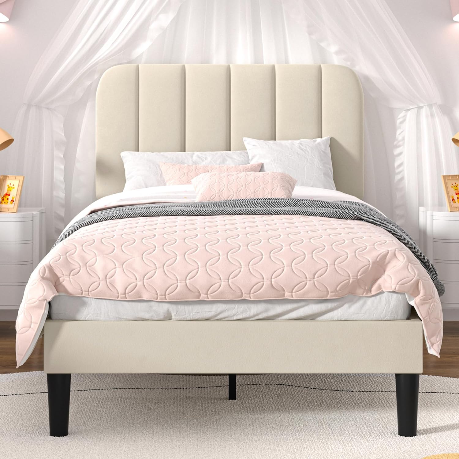VECELO Upholstered Platform bedframe with Adjustable Headboard