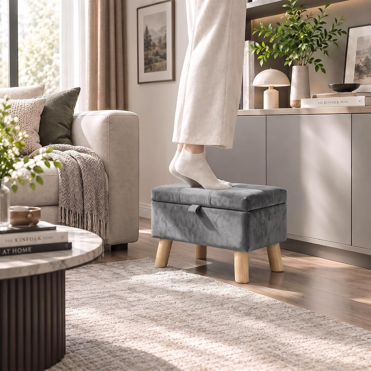 VECELO Storage Ottoman Under Desk Small Foot Stool with Wood Legs