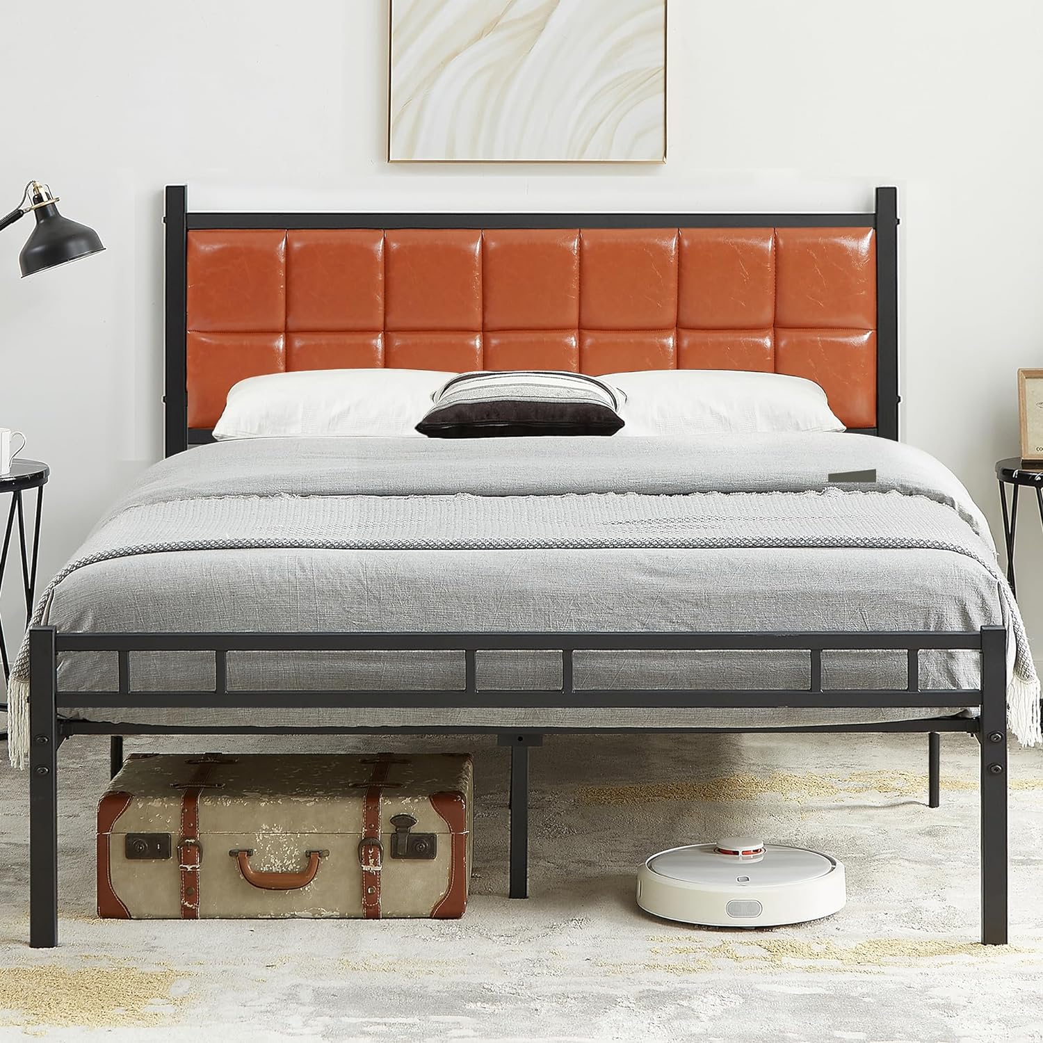 VECELO Bed Frame with PU Upholstered Headboard Metal Slats Support, No Box Spring Needed - VECELO