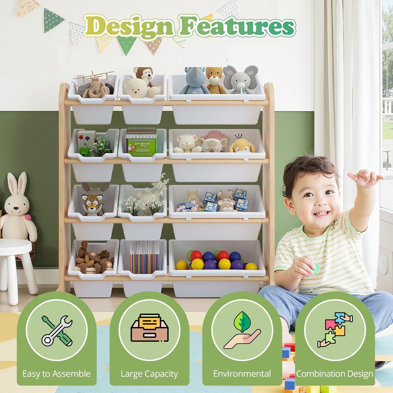 VECELO Kids Toy Storage Organizer with 12 Pcs Bins