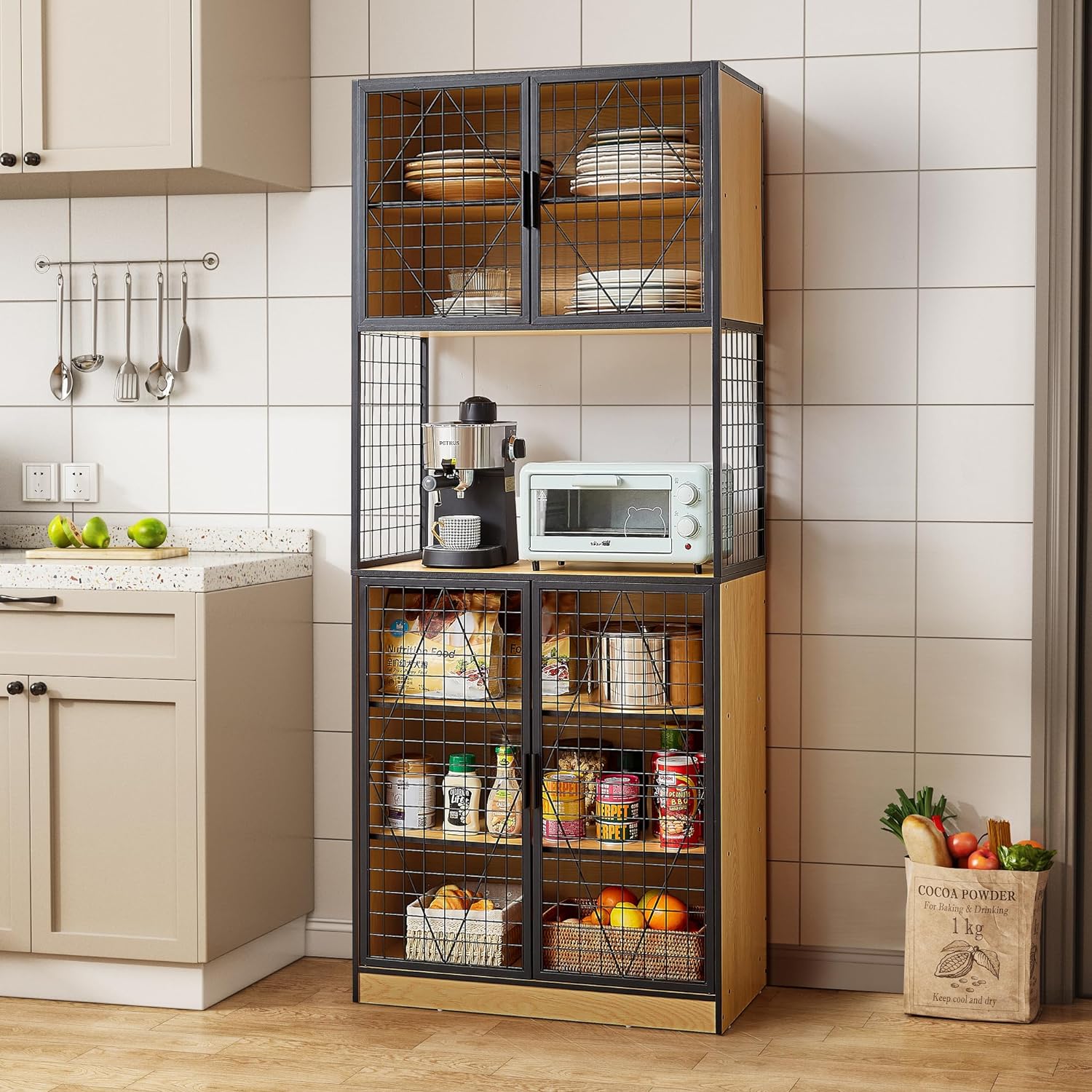 VECELO 72in Tall Kitchen Pantry Cabinet with Doors and Shelves Large Freestanding Storage Cupboard with Countertop Hutch - VECELO