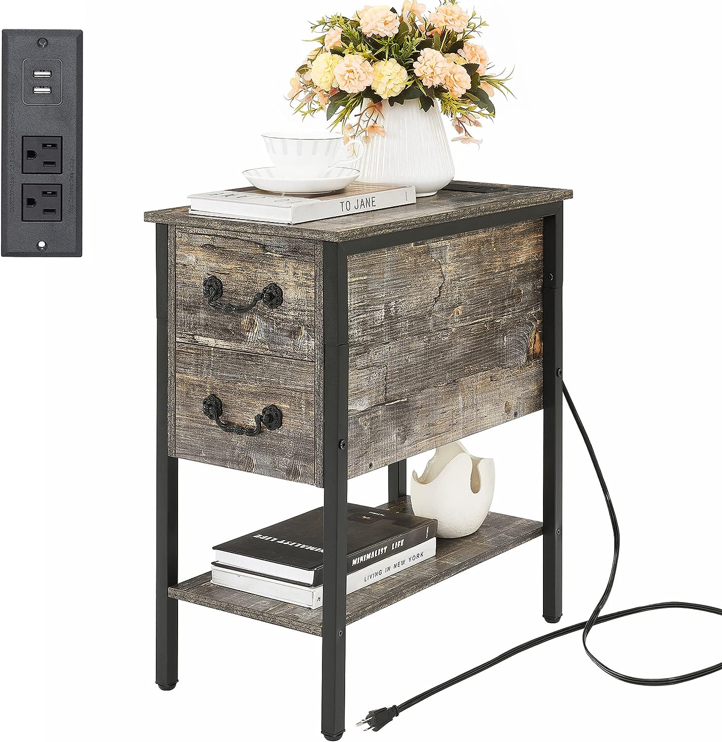 VECELO End Tables,Narrow Nightstands with Charging Station & USB Ports &Drawers - VECELO