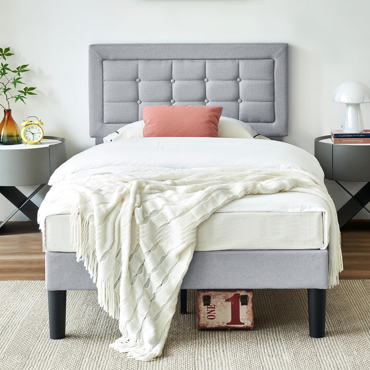VECELO Upholstered Platform Bed Frame with Height Adjustable Headboard - VECELO
