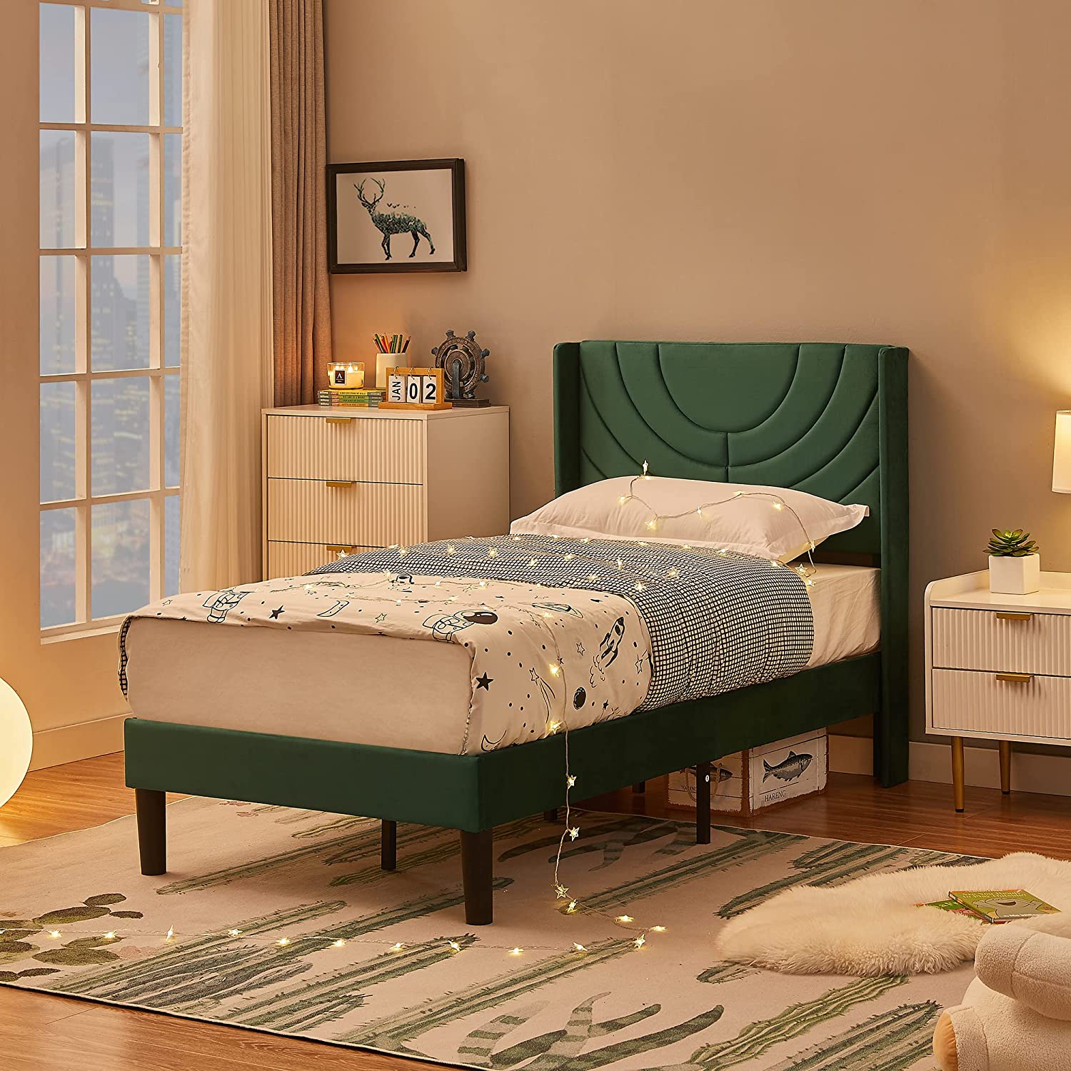 VECELO Upholstered Platform Bed Frame with Adjustable Fabric Headboard