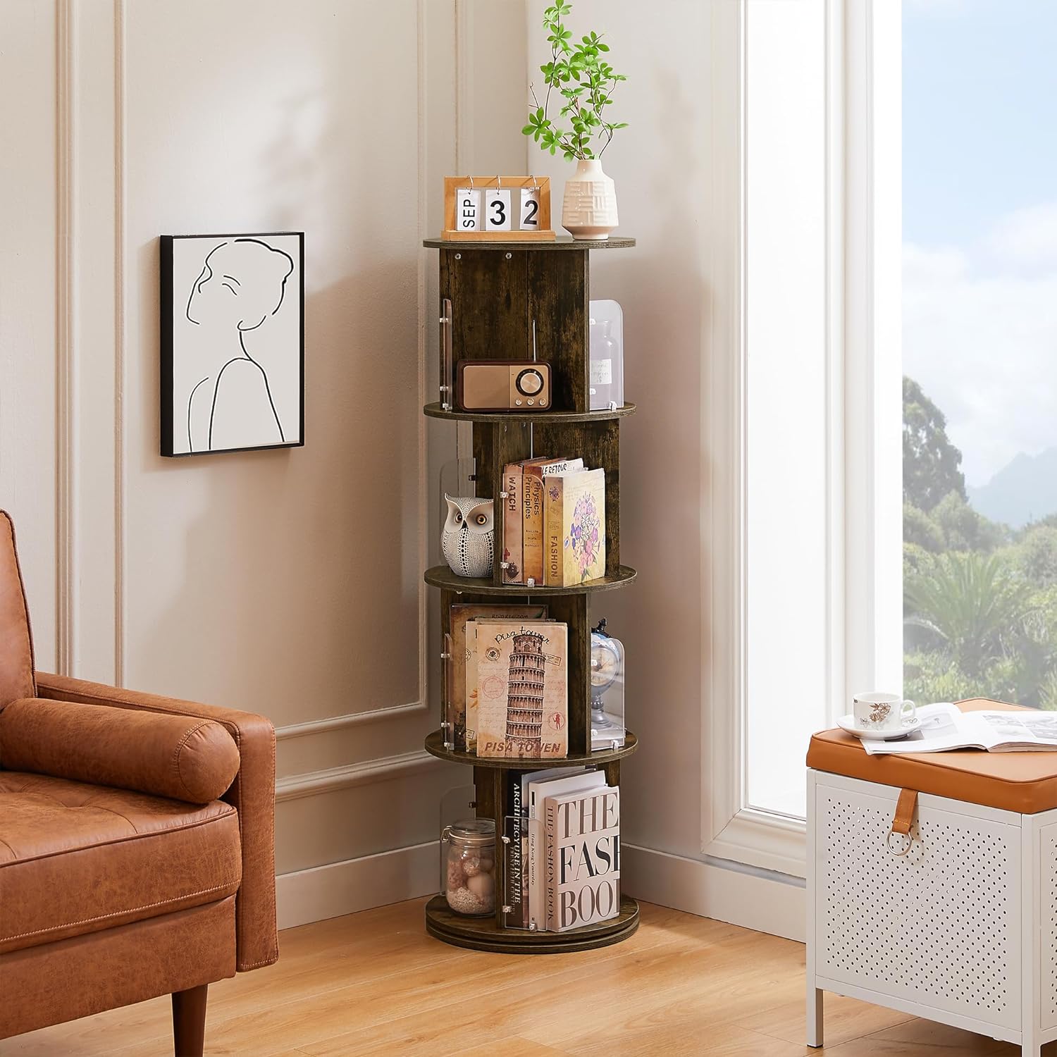 VECELO Rotating Bookshelf with Acrylic Display Window Partition