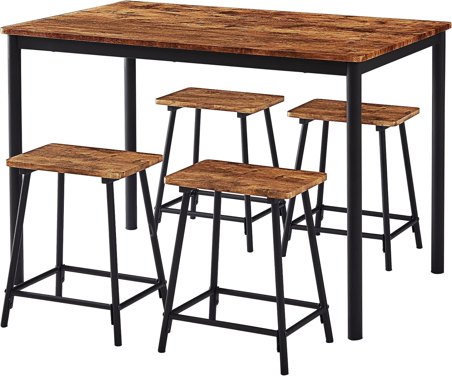 VECELO 5-Piece Dining Table Set Metal and Wood Kitchen Furniture with 4 Stools
