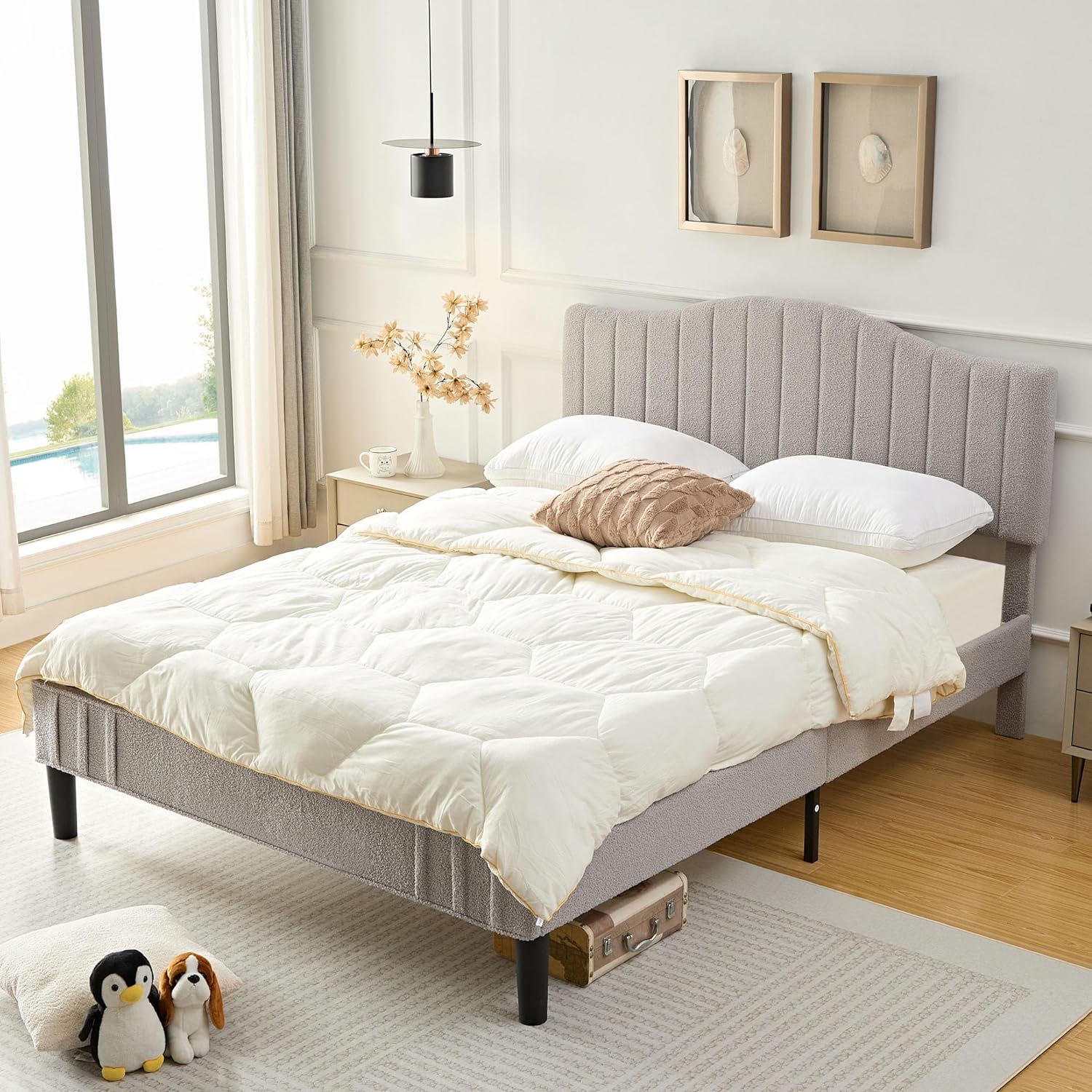 VECELO Upholstered Platform Bed Frame with Sheepskin Fabric Adjustable Headboard/Strong Wood Slats Supports