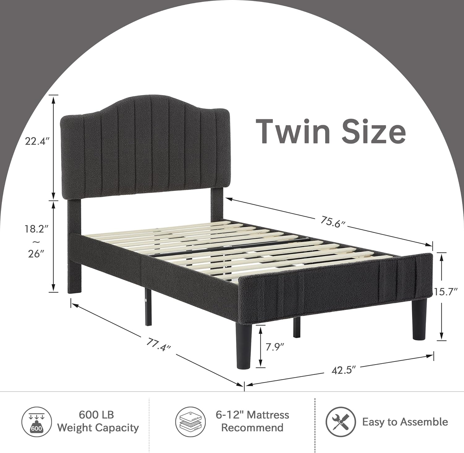 VECELO Upholstered Platform Bed Frame with Sheepskin Fabric Adjustable Headboard/Strong Wood Slats Supports